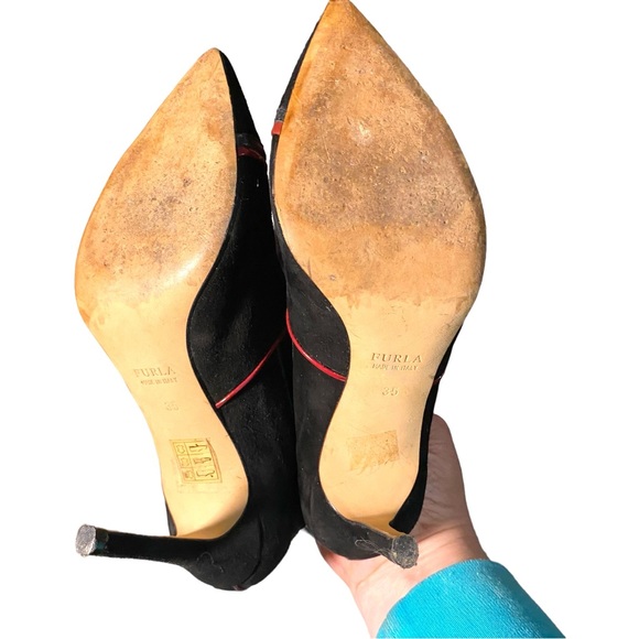 Furla booties. Black suede with red leather trim. No flaws. Some minor wear. - Picture 7 of 10